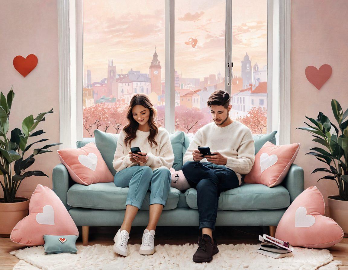 A serene setting depicting a couple sitting together, one holding a smartphone, surrounded by a cozy ambiance with heart-shaped cushions and protective symbols like shields and locks subtly integrated into the background. The atmosphere should evoke warmth and safety, highlighting a digital connection as well as emotional intimacy. soft colors. modern illustration. pastel tones.