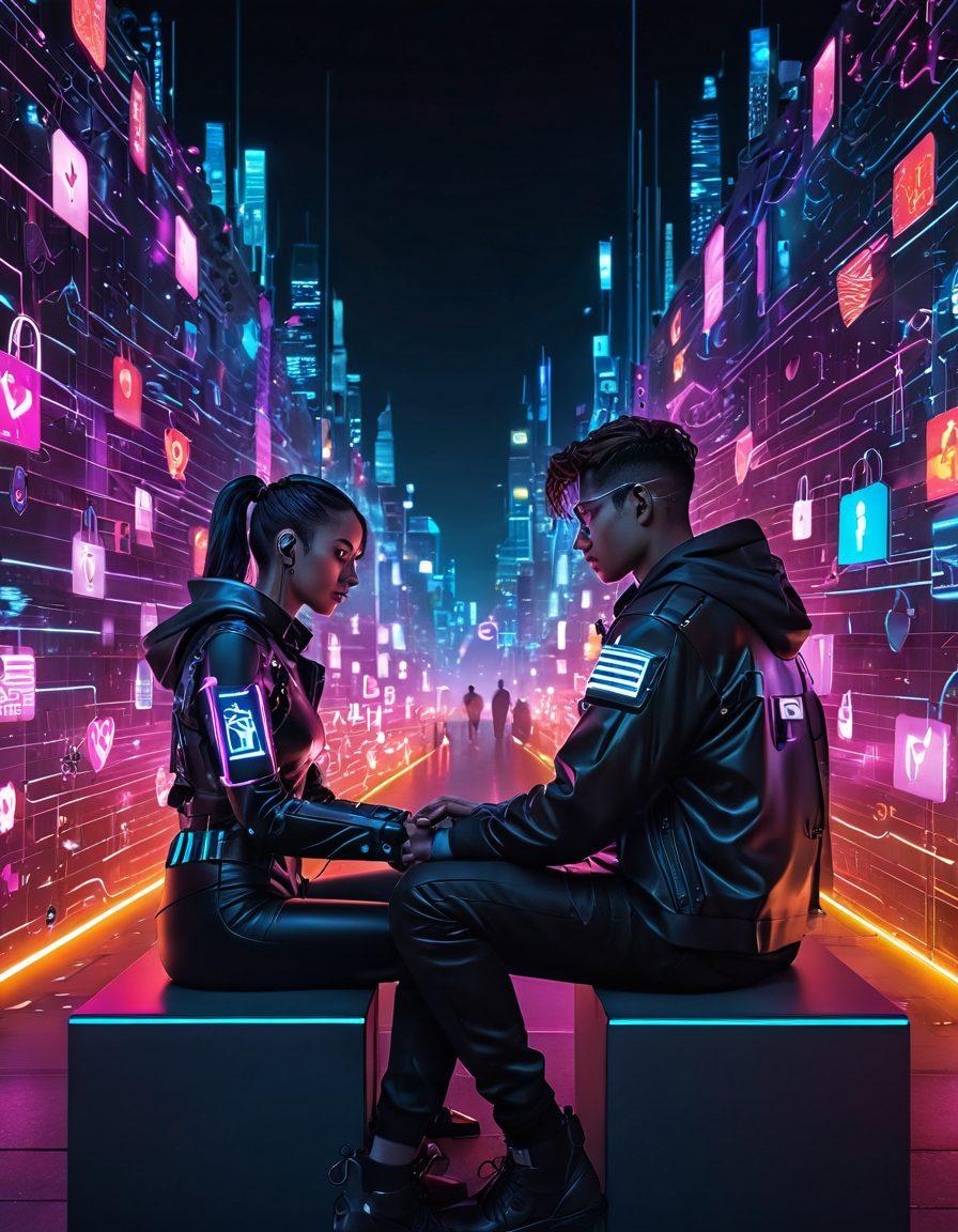 A futuristic scene depicting a couple sitting together against a backdrop of a glowing digital landscape filled with floating icons of locks, firewalls, and hearts. They are holding hands, with a protective digital barrier enveloping them. The ambiance is both romantic and cybernetic, highlighting the intersection of love and technology. Elements of bright neon colors symbolize security and connection. super-realistic. vibrant colors. cyberpunk.