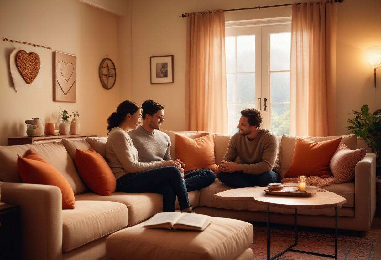 A comforting scene depicting a couple engaged in a heartfelt conversation in a cozy, softly lit living room, with symbols of security like a key and heart-shaped cushions subtly integrated in the background. The couple should be smiling, with an aura of trust and warmth around them, creating a balance between affection and personal security. Warm color palette, inviting atmosphere. super-realistic. vibrant colors. cozy ambiance.